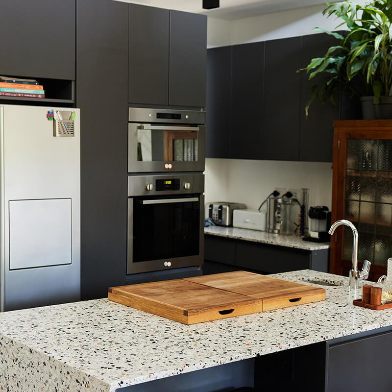 Modern kitchen with a marble island in a home